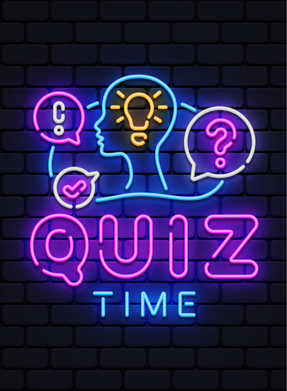 Das Bild zeigt in Neonschrift und Neon-Emojis die Schrift "Quiz Time", einen Kopf mit Glühbirne, ein Fragezeichen und einiges mehr,