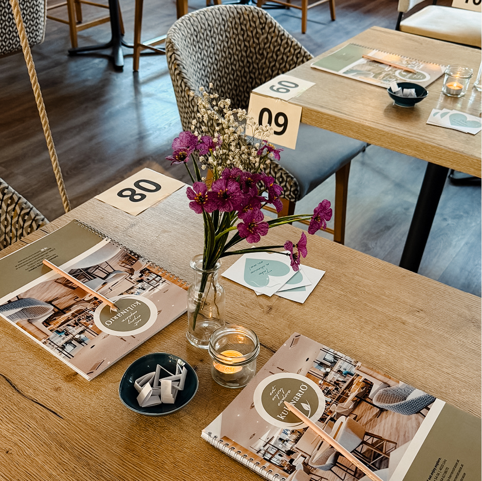 Das Bild zeigt einen Tisch, der fürs Speed Dating vorbereitet ist: mit Notizblöcken, Gesprächsanregern, Kontaktkärtchen und Blumendeko.