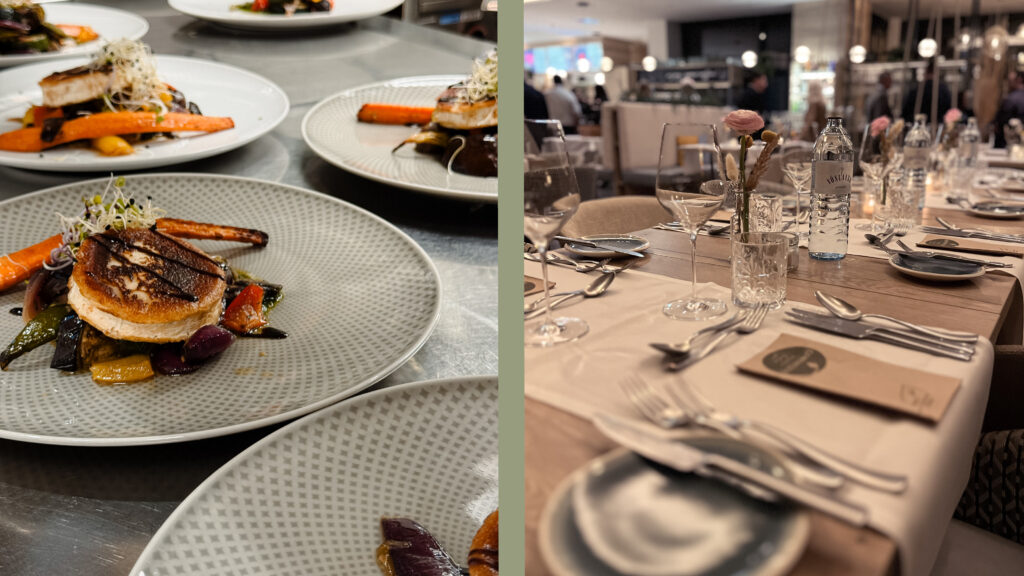 Das zweigeteilte Bild zeigt links mehrere appetitlich auf weißen Tellern angerichtete Speisen und rechts einen feierlich gedeckten Tisch.