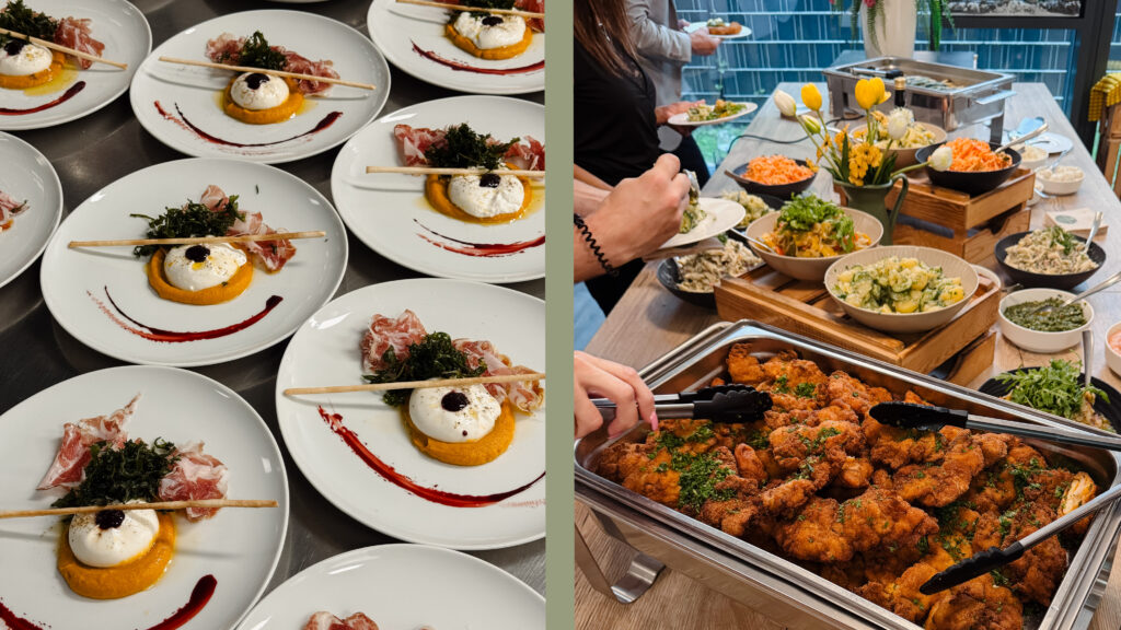 Das zweigeteilte Bild zeigt links mehrere appetitlich auf weißen Tellern angerichtete Speisen und rechts ein Buffet in der Kochschule.