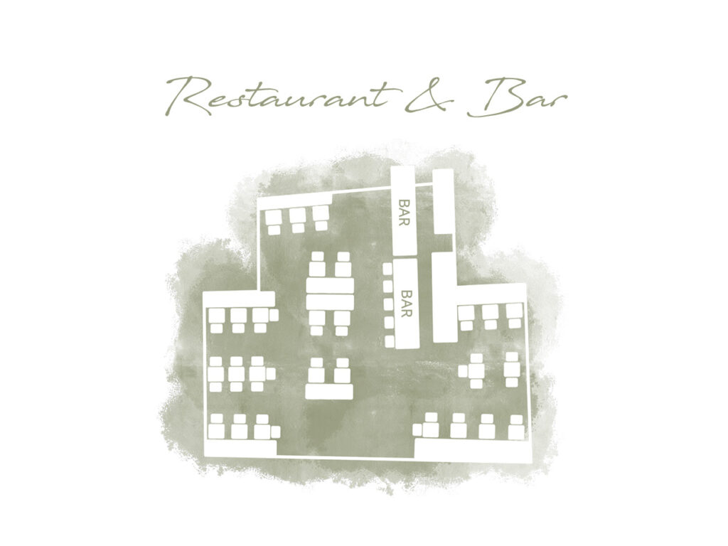 Das Bild zeigt den Lageplan von Restaurant und Bar mit dem Sitzplatzangebot.