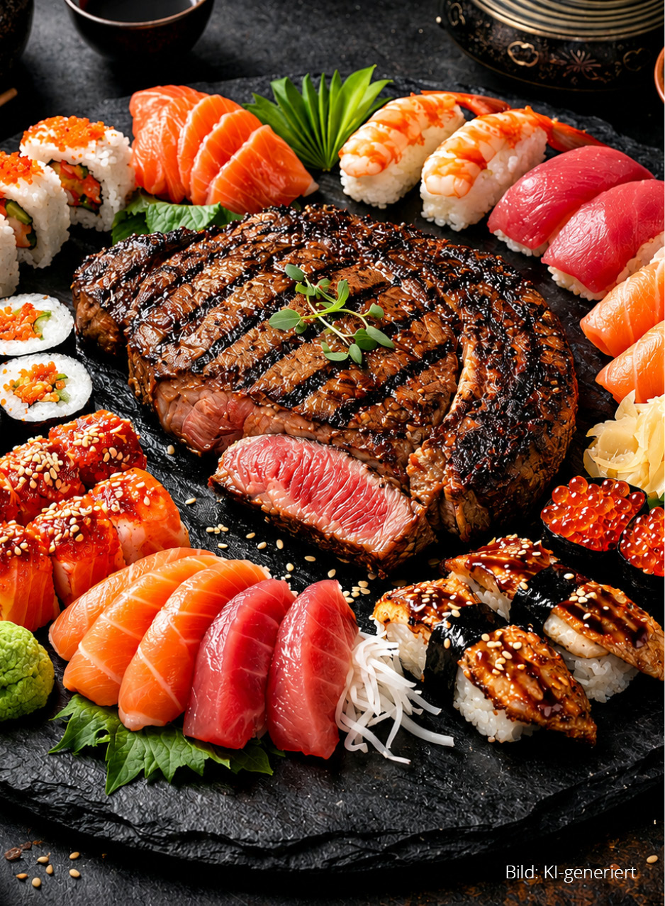 Das Bild zeigt ein appetitlich gebratenes Steak inmitten von Sushi auf dunklem Untergrund.